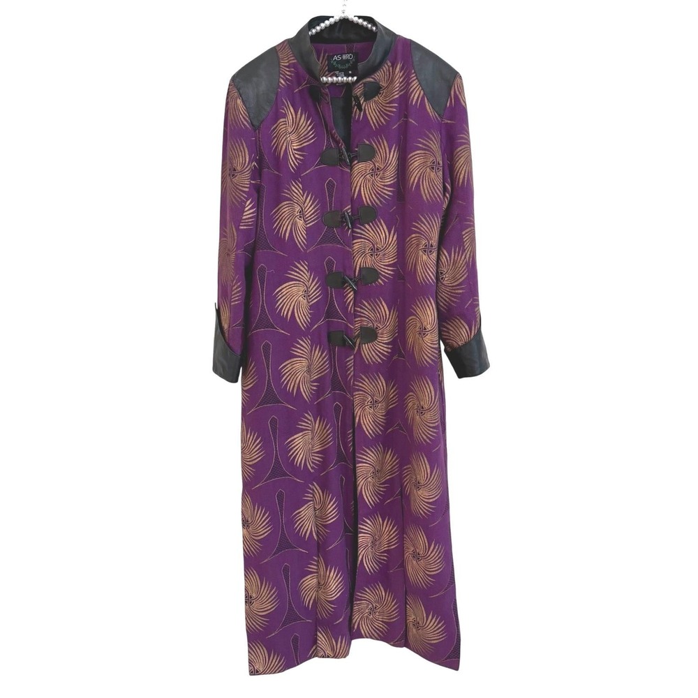 Vintage Ashro Purple Gold Duster Coat Genuine Leather Trim Afrocentric Prince M